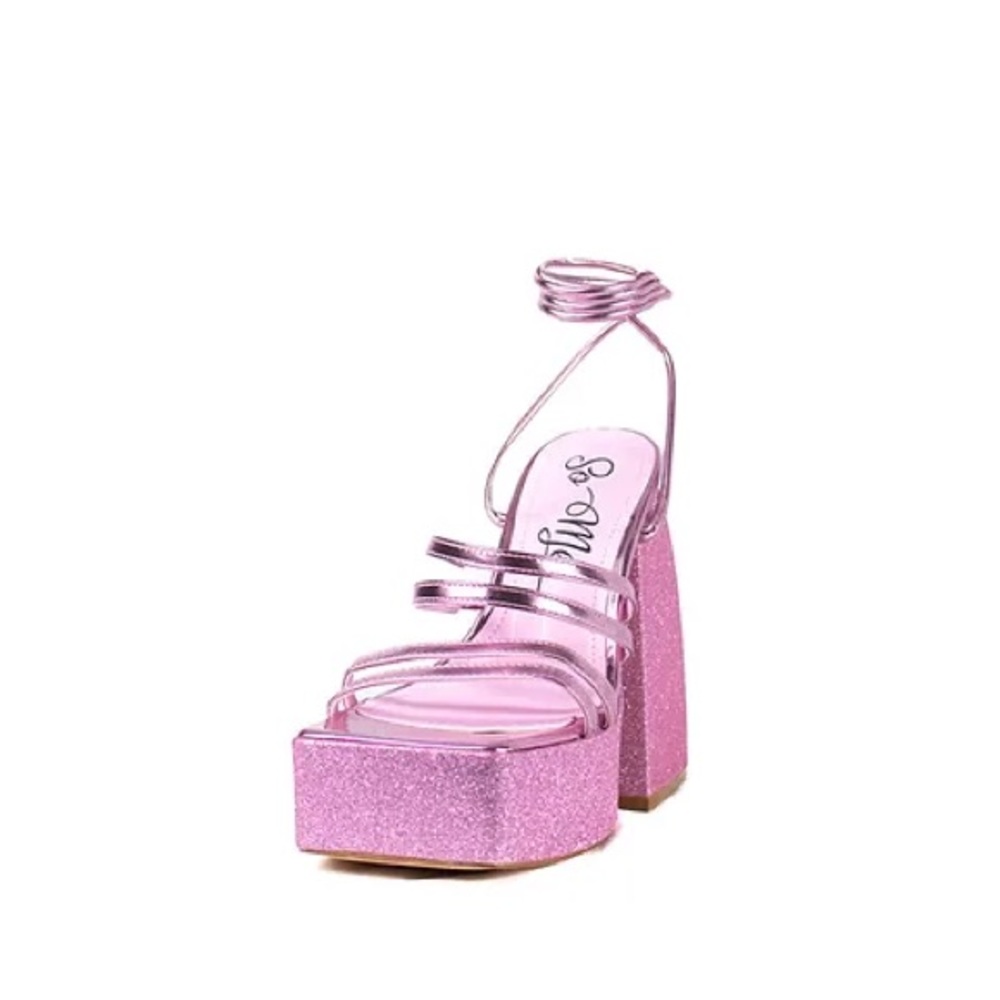 Pink Glitter Chunky Platform Tie Up Open Toe Sandal Heels Brand New Size 8.5 & 9